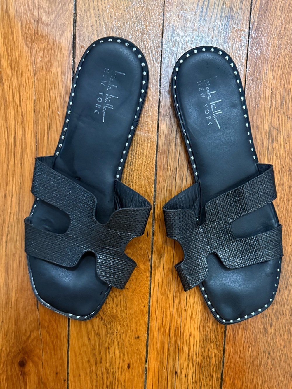 Nicole Miller Black Textured Slide Sandals with Studded Trim